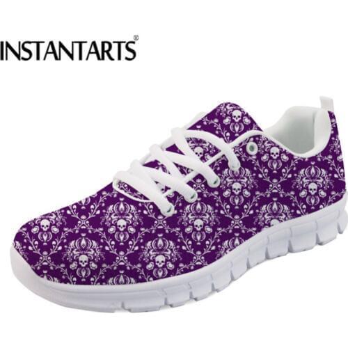 INSTANTARTS 2019 Spring Female Flats Shoes Woman Casual Breathable Shoes Skull Damask Pattern Light Mesh Sneakers Flat for Woman