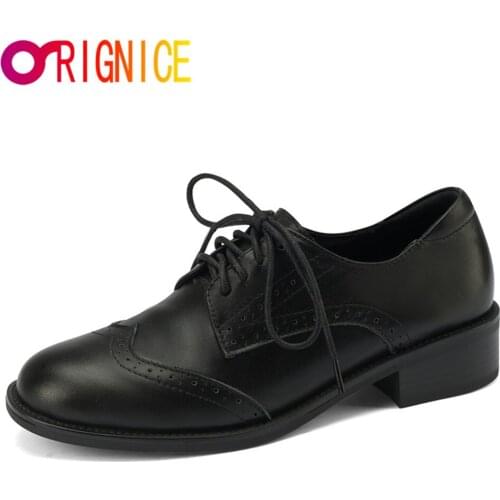 Orignice Manual Genuine Leather Women Pumps Leisure Simple Fashion Style Brown Black Lace Up Round Toe Office Lady Casual Shoes