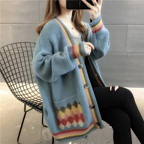 2021 Women Thicken Cardigans Korean Thick Pull Femme Autumn College Style V Neck Button Outwear Winter Knitted Sweater