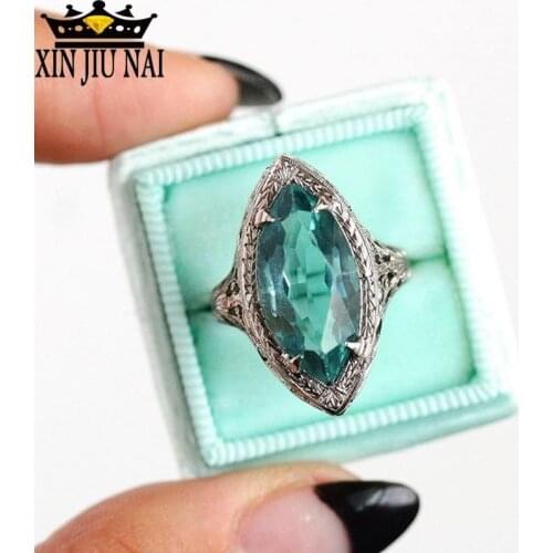 Antique Green Stone Marquise Big Rings For Women 925 Silver Horse Eye Zircon May Birthstone Ring Female Wedding CZ Emerald Ring