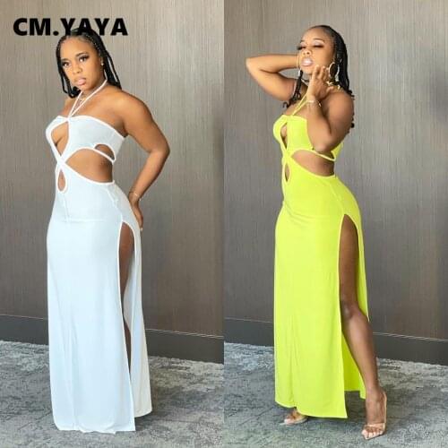 CM.YAYA Women Halter Neck High Side Split Maxi Dress Sexy Night Party A-line Cut Out Open Back Long Dresses