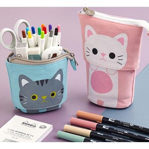 1pc Pencil Bag Case Cartoon Cute Cat Bear Sheep Canvas Fold Standing Holder Stationery Organizer Kids Kawaii Gift A6445