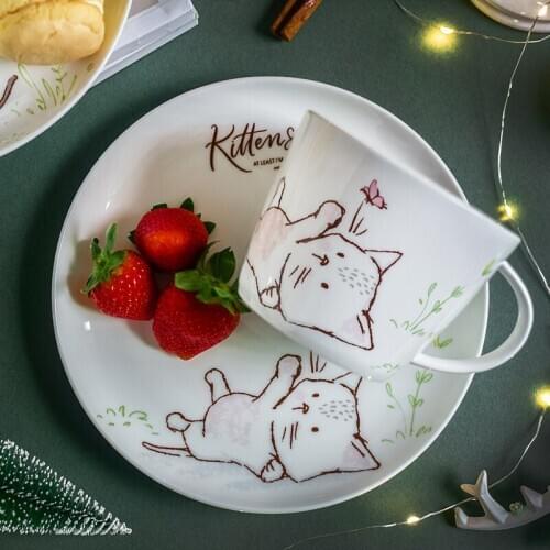 1pc Cartoon Kitten Dinner Plate Ceramic Dinner Dishes Drink Mug Cute Cat Dessert Plate Afternoon Tea Set 8 inch/ 450ml