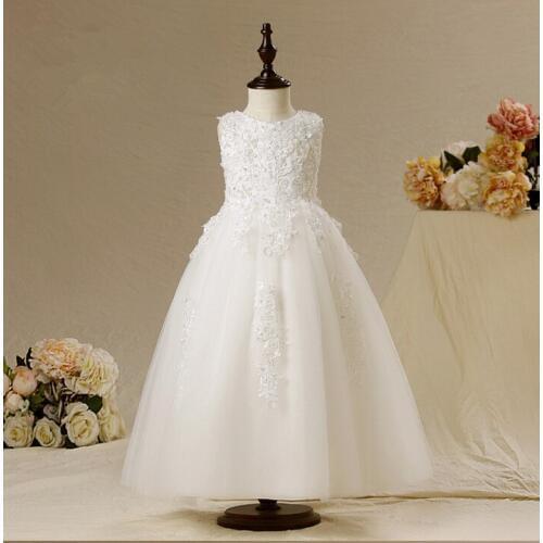 2016 Baby Girl White Tulle Princess Dress Long Beading Kids Wedding Dress Infants Birthday Bridesmaid Clothes Summer Vestidos