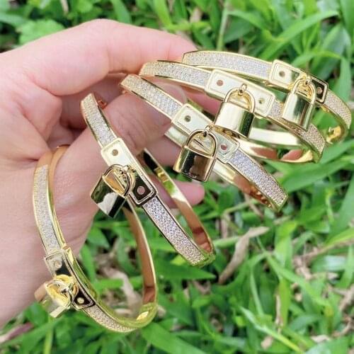 3PCS, Dainty Padlock Zircon Bangles For Women Girls Gothic Gold Color Metal Bracelets Best Couple Jewelry Gift