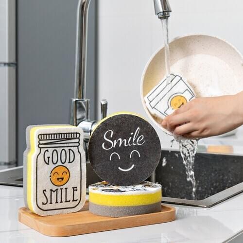 4PCS Cartoon Smiley Face Thick Sponge Kitchen Cleaner Sponges Scouring Pads Dish Washing Cloth Household Kitchen Tool