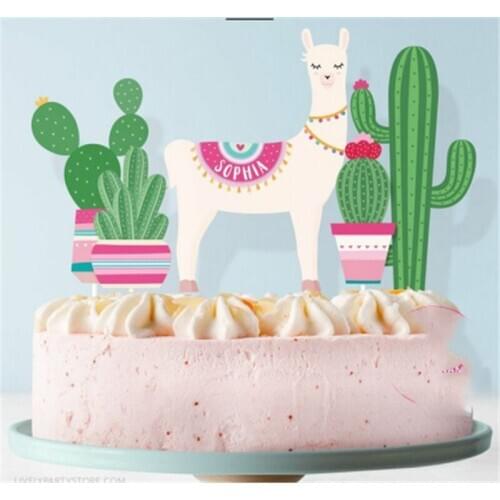 5Pcs Alpaca Party Supplies Alpaca Cactus Cake Flag Birthday Party Cake Toppers Decorations Alpaca Party Decoration HW91