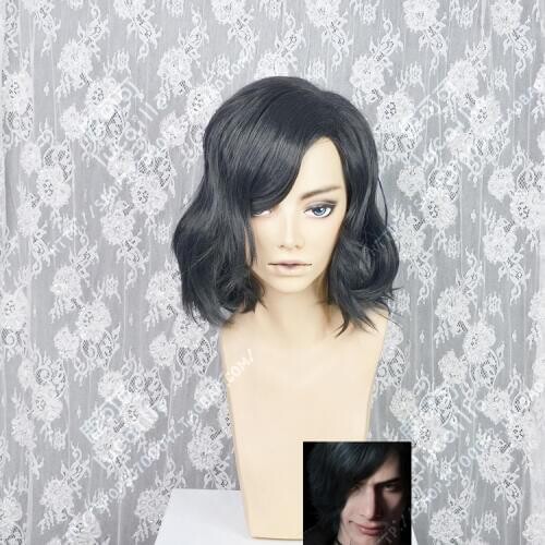 Anime Devil Can Cry 5 Vitale V Hair Play Wavy Black Heat Resistant Cosplay Wigs + Wig Cap