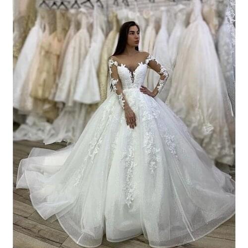 Shiny Princess Ball Gown Wedding Dresses For Bride Long Sleeves Sheer Neck Appliques Button Back Court Train Robe De Mariee
