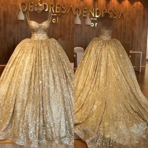 2020 Blingbling Gold Sequined Prom Dresses Dubai Arabic Ball Gown Evening Gowns With Sweep Train Spaghetti Strap Formal Party
