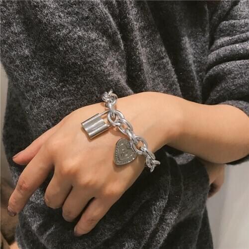 Padlock Bracelets Women Men Carved Heart Lovers Lock Bracelets & Bangles Hip Hop Jewelry Pulsera Mujer Couple Gift
