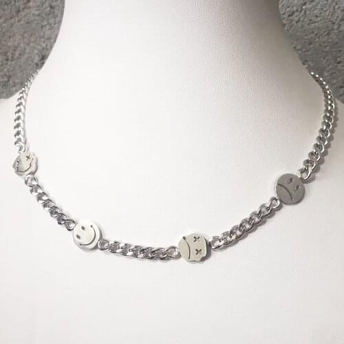 46cm or 18 inch Stainless Steel Cute Face Smiley Chain Necklace Punk Hip Hop Street Dance Rock Men Women