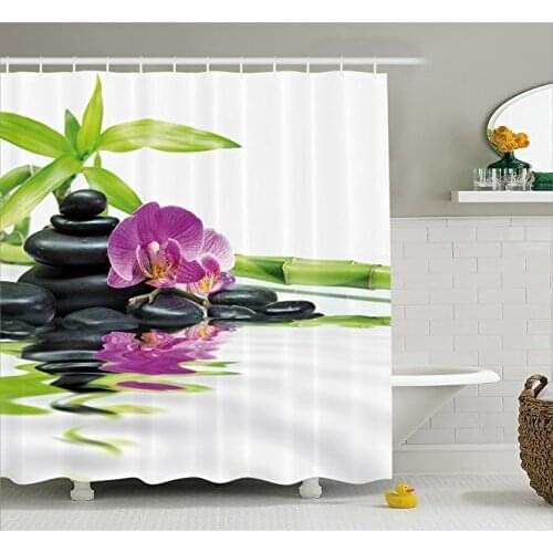 Spa Decor Shower Curtain Asian Relaxation with Zen Massage Stones Purple Orchid and a Bamboo Bath Curtains For Bathroom Bathtub