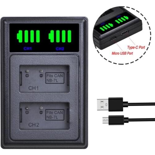 Batmax NB-7L NB 7L NB7L LED USB Dual Battery Charger with Type C Port for Canon PowerShot G10 G11 G12 SX30IS
