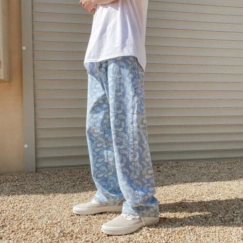 2021 Spring Fashion Korean Style Print Straight Jeans Streetwear Men Clothing Couple Trousers Hip Hop Denim Pants Women