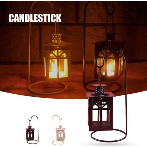 Decoration Wrought Iron Candlestick Retro Lantern Candle Shelter with Hook Stand Windproof for Home Garden XHC88