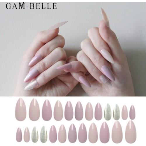 GAM-BELLE Pink Purple Glitter Fake Nails Long Almond Full Cover Artificial Nail Tips Beauty Manicure Detachable Press On Nails