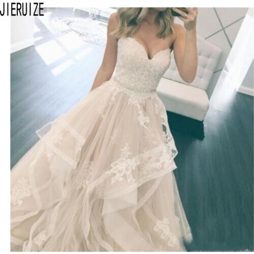 JIERUIZE Simple Elegant Wedding Dresses Appliques Sweetheart Crystal Sash Button Back Beach Tulle Tiered Skirts Bridal Gowns
