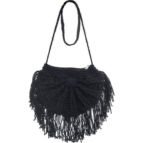 Kavshak Semicircle Tasseled Mesh Beach Women Handbag Black
