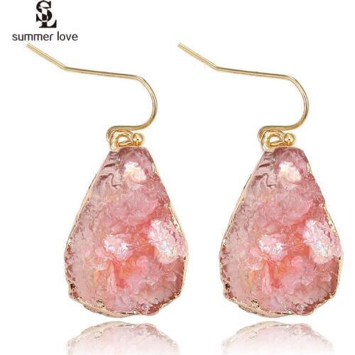 Colorful Drusy Water Drop Dangle Earings 2020 Fashion Golden Pink Quartz Resin Stone Druzy Earrings for Women Party Jewelry