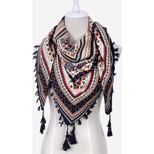 Fashion Women Big Square Printing Tassels Autumn Winter Retro Scarf Cotton india floural Headband Wraps Foulard Femme 110cm