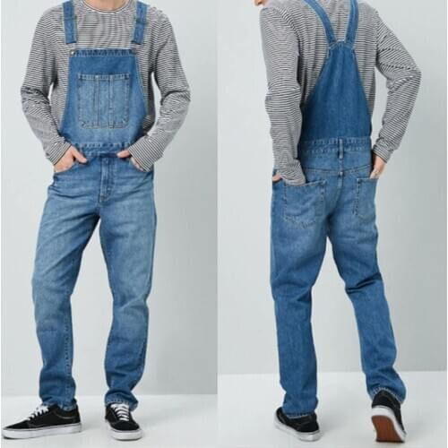 Brand New Men’s Korean Casual Suspender Pants Denim Jeans Fashion Solid Color High-waist Straight Overalls with Pockets