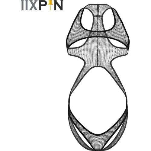 Men Underwear Mankini Bodysuit Sexy Hollow Out Fishnet Bodysuit Lingerie Erotic Open Butt Wrestling Singlet Leotard Bodysuit