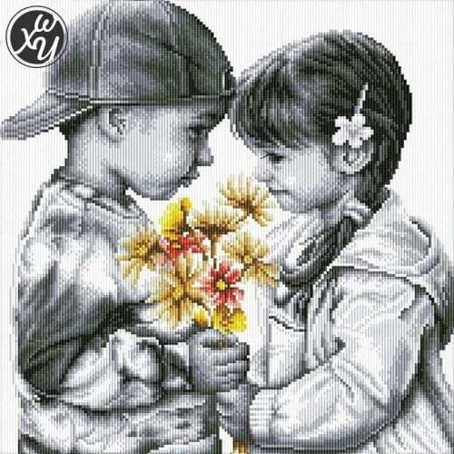 Little Boy and Girl Diamond Painting Kits for Adults Portrait Sketch Cross Stitch Love DIY Diamond Mosaic Fantasy for Home Decor