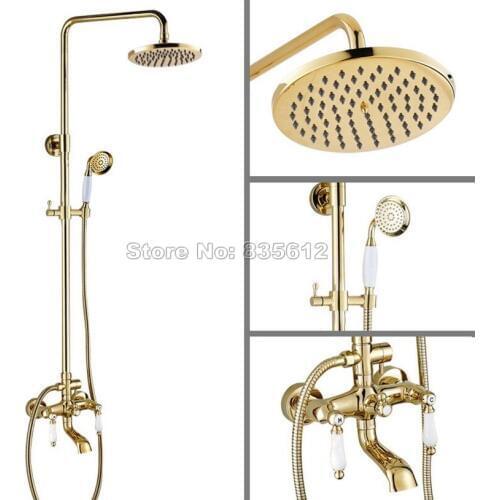Bathroom Rain Shower Faucet Set Wall Mounted Ceramic Dual Handles Bathtub Mixer Tap Gold Color Brass with Handheld Shower Wgf374