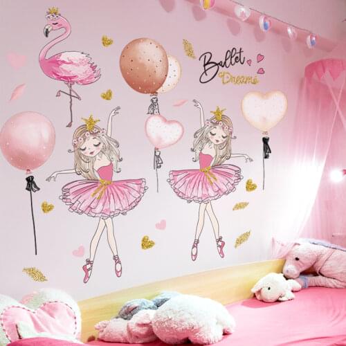[shijuekongjian] Ballet Girl Dancers Wall Stickers DIY Cartoon Balloons Wall Decals for Kids Rooms Baby Bedroom House Decoration