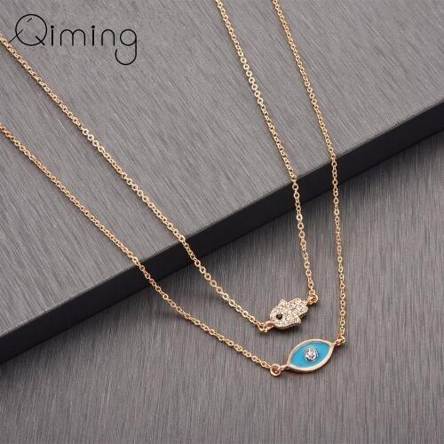 Blue Green Evil Eye Necklace Women Layered Tibetan Jewelry Accessories CZ Crystal Hamsa Hand Pendant Delicate Necklace Gift