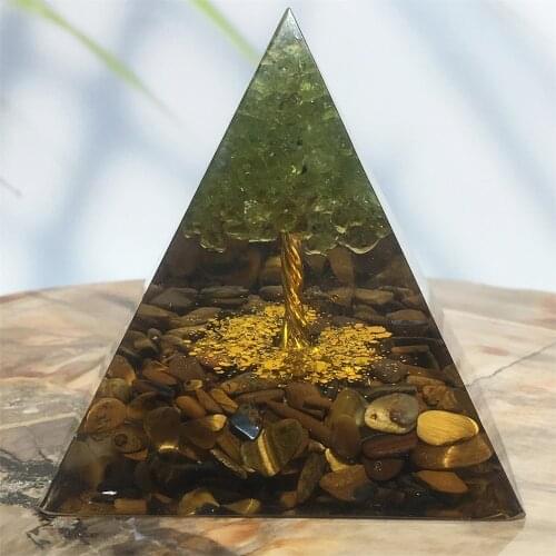 94MM) Pyramid Tigers-Eye Peridot Healing Crystal Energy Orgonite EMF Protection Meditation Tool