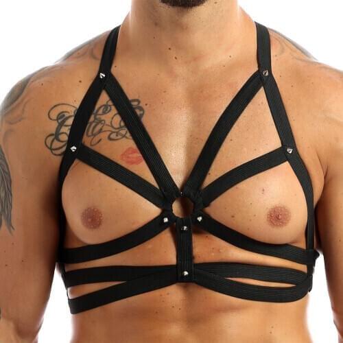 Men Harness Halter Elastic Body Sexy Chest Caged Belts Metal O-Ring Straps Crop Tops Male Gay Lingerie Punk Gothic Rave Clubwear