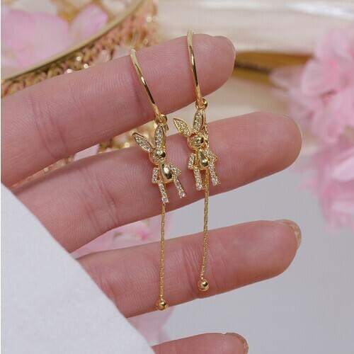 Luxury Cubic Zircon CZ Crystal Rabbit Stud Earrings for Women Japanese&Korea New Style 14K Gold Plated Long Earrings