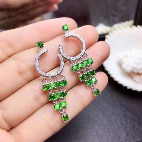 Fashion Lovely Tassels Leaf S925 silver natural green diopside drop earrings natural gemstone women birthday party gift jewelry