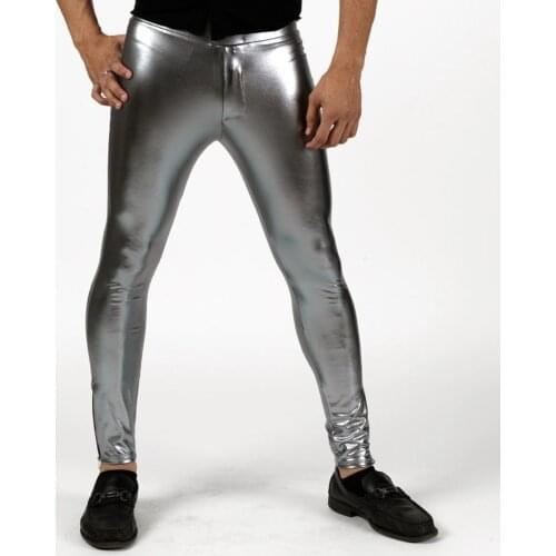 Speerise Men Shiny Mid Waist Leggings Metallic Spandex Full Length Man Meggings Leggings Tights for Guys