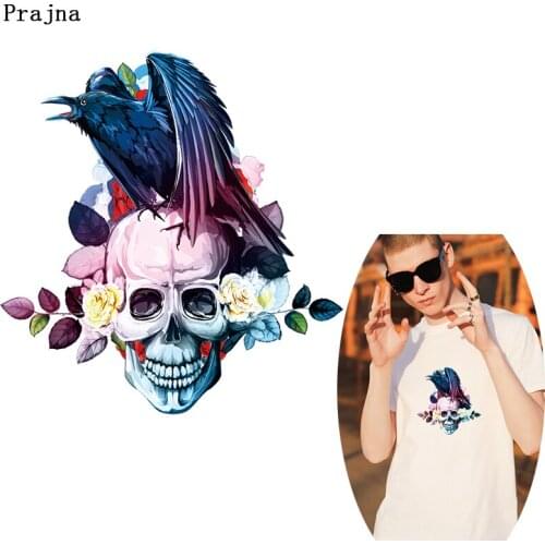 Prajna DIY Bird flower Heat Thermal Transfer Stickers Punk Skull Patches Iron On Transfers Applique On Clothes Accessories