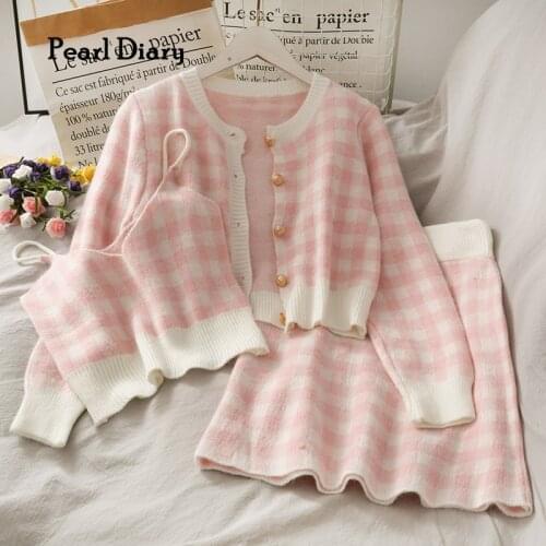 Pearl Diary Knit Plaid Cardigan & Camisole & Skirts Three Pieces Set Long Sleeve Sweater With Spaghetti Strap Camis Mini Skirt