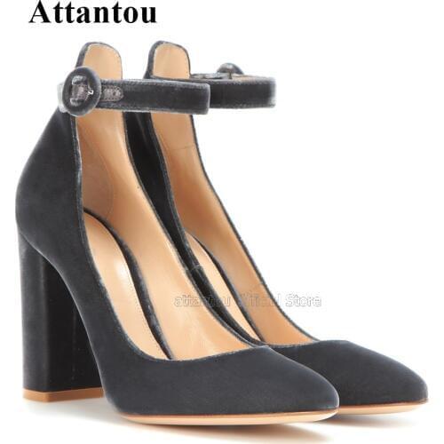 Fashion Pointed Toe Luxury Suede Women Dress Shoes Designer Ankle Straps Chunky Square Hig Heel Pumps Women