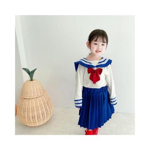 2021 Spring Girls' College Wind Navy Collar Top + Pleated Skirt Female Baby Sailor Moon Two-piece Dress Suit Toddler Outwear Set