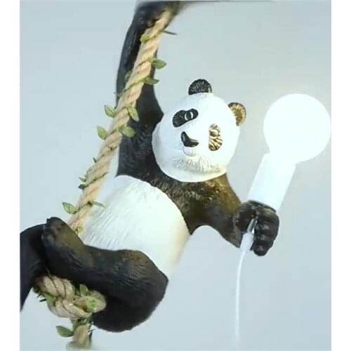 Vintage Resin Panda Pendant Lights Hanging Lamp Resin Animal Hemp Rope Panda Pendant Lamps Zoo Decorative Light Fixtures Lamp