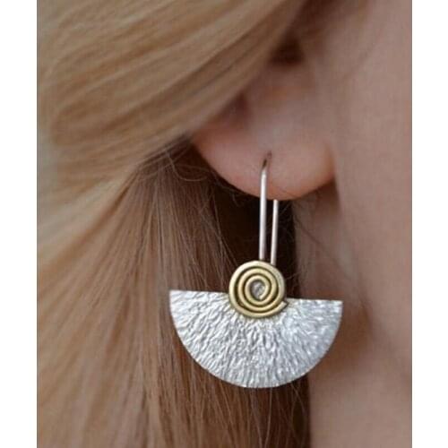 Vintage Tribal Golden Tree Bark Fan Shaped Drop Earrings Gypsy Jewelry Two Tone Metal Silver Color Spiral Half Circle Earrings