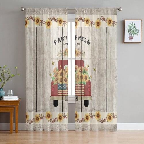Vintage Truck Sunflowers Farm Retro Wood Voile Tulle Sheer Curtains for Bedroom Living Room Kitchen Decor Window Curtain