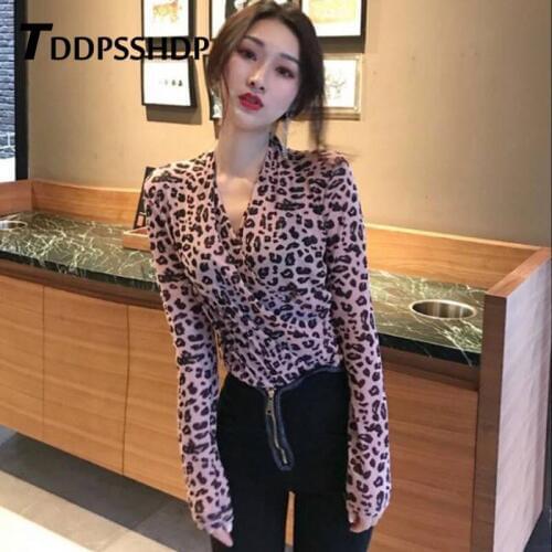 Chic Retro Style Leopard Women T Shirt 2019 Spring Long Sleeve V Neck Casual 50kg Girls Female Tee Tops