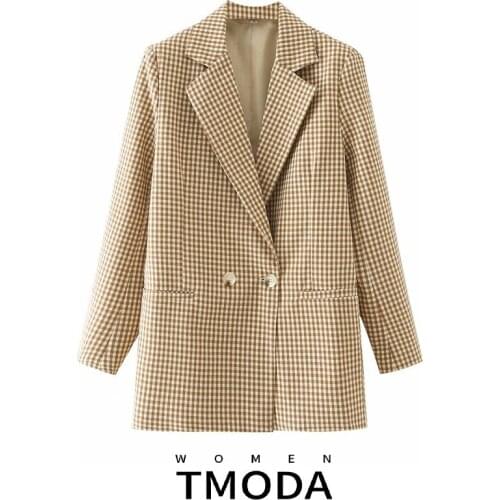 TMODA1966 Za Women 2021 Fashion Double Breasted Plaid Blazer Coat Vintage Long Sleeve Back Vents Female Outerwear Chic Veste