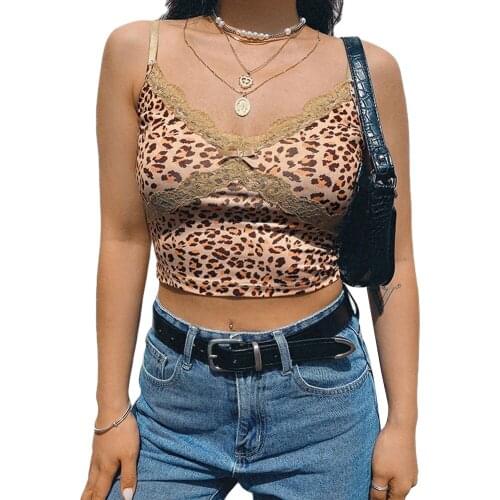 Woman Patcwhork Lace Leopard Spaghetti Strap Top Sleeveless Sexy Crop Top Tee Sexy Cami Top Summer Streetwear 2020 New