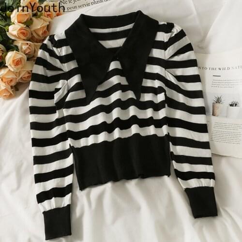 Joinyouth Contrast Color Wild Striped Sweater Women 2021 Autumn Puff Long Sleeve Knitted Tops Turn Down Collar Casual Jumpers
