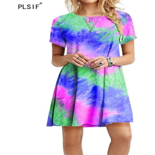 New fashion rainbow tie dye print women dress o-neck short sleeve summer dress high waist loose sexy short dress