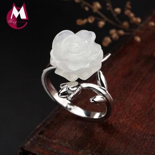 2019 Mosaic White jade Rose Simple Adjustable Ring 100% 925 Sterling Silver Fashion Jewelry Women wedding band Opening Ring R28