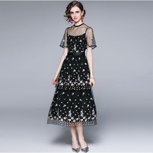 ZUOMAN Women Summer Embroidery Mesh Dress Festa High Quality Long Elegant Party Robe Femme Vintage Floral Designer Vestidos